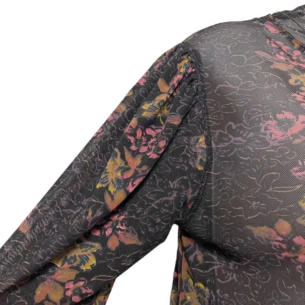 FREE PEOPLE Amber Black Floral Print Mesh Mock Neck Top M